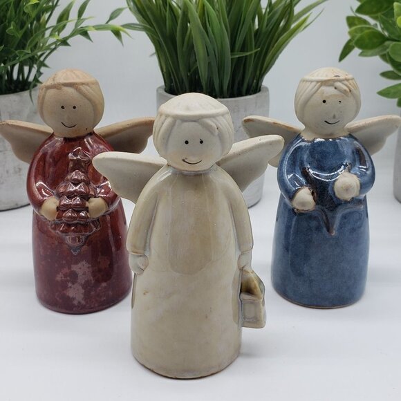 Ceramic or Pottery Red Cream Blue Vintage 3pc Angel Set - Picture 11 of 11